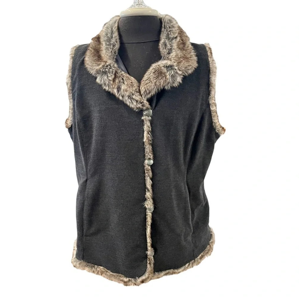 J Jill Cotton Blend Gray Twill Vest Faux Fur Trim Size Large